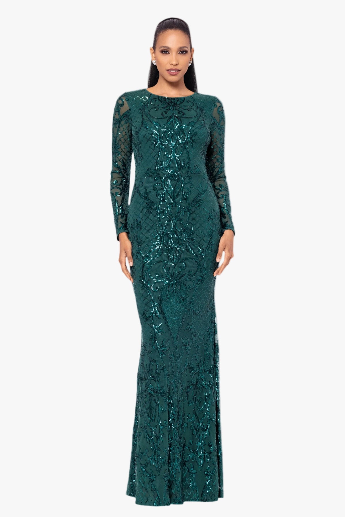 "Nara" Placement Sequin Long Sleeve Dress - Emerald | Betsy & Adam