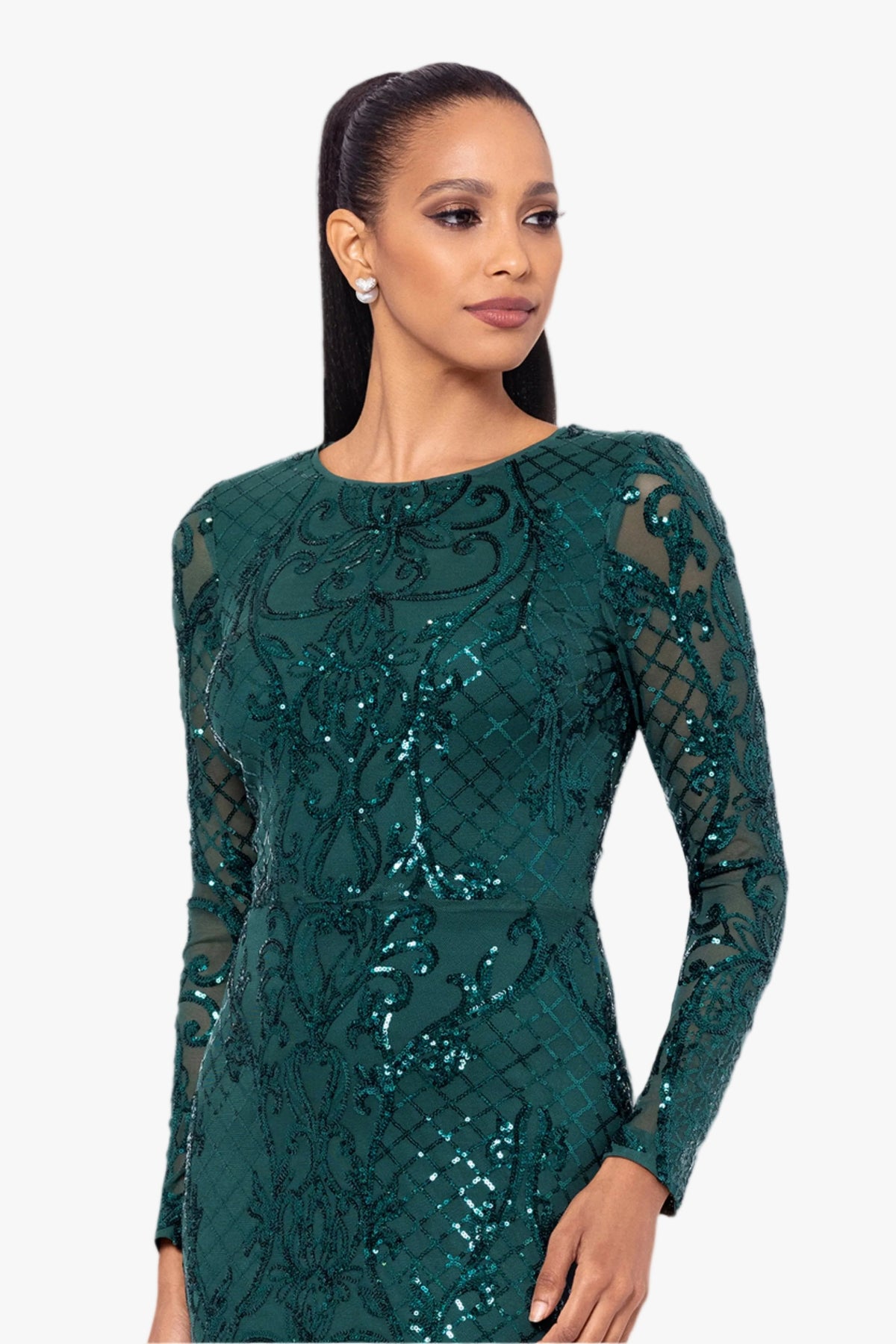 "Nara" Placement Sequin Long Sleeve Dress - Emerald | Betsy & Adam