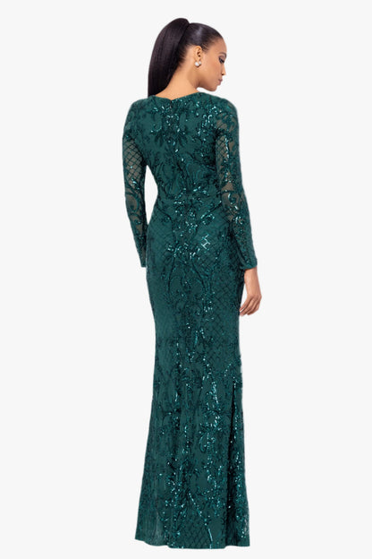 "Nara" Placement Sequin Long Sleeve Dress - Emerald | Betsy & Adam