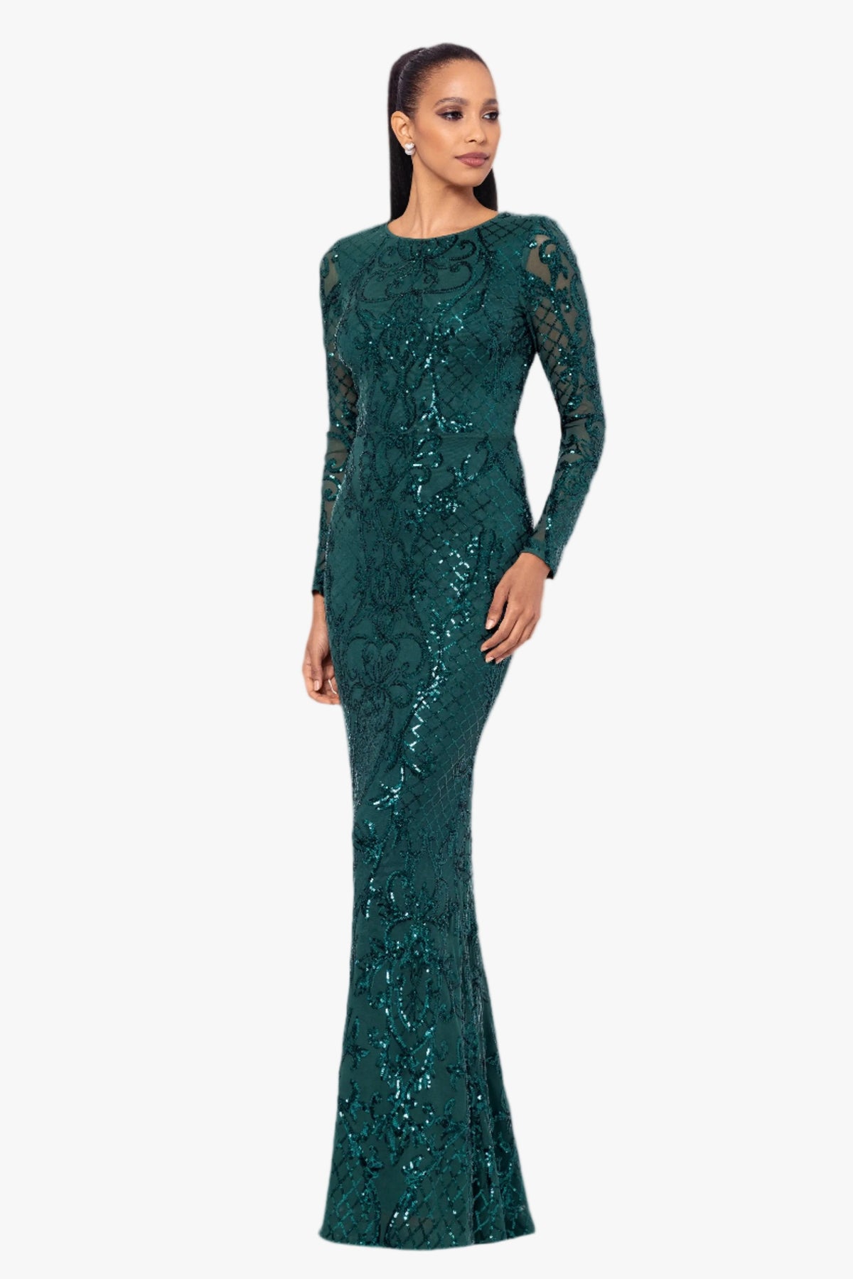 "Nara" Placement Sequin Long Sleeve Dress - Emerald | Betsy & Adam