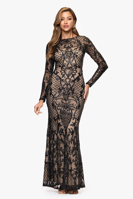 "Lorraine" Placement Sequin Long Sleeve Dress - Black/Nude | Betsy & Adam