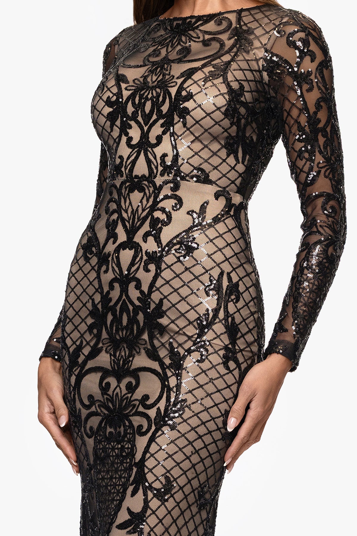 "Lorraine" Placement Sequin Long Sleeve Dress - Black/Nude | Betsy & Adam