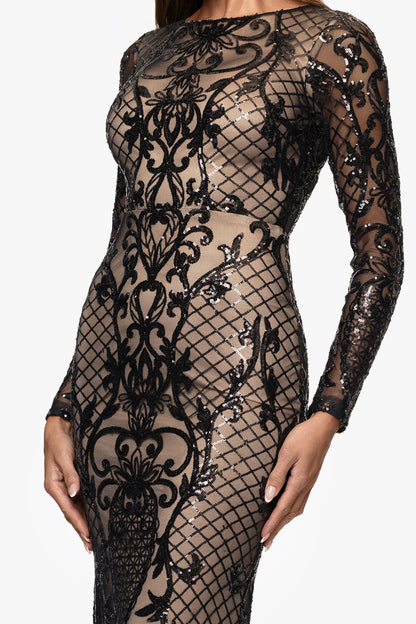"Lorraine" Placement Sequin Long Sleeve Dress - Black/Nude | Betsy & Adam