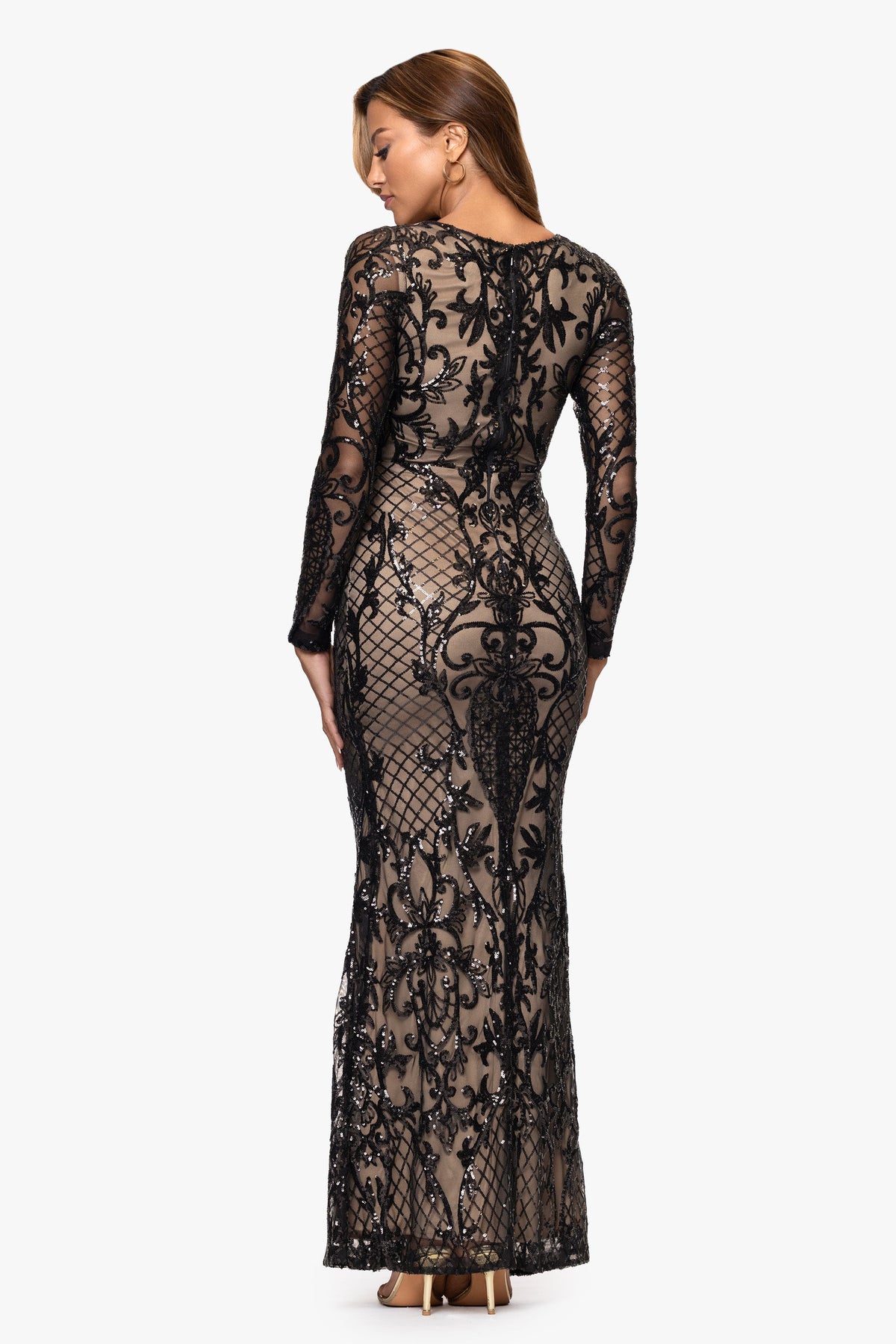 "Lorraine" Placement Sequin Long Sleeve Dress - Black/Nude | Betsy & Adam