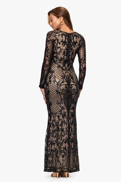 "Lorraine" Placement Sequin Long Sleeve Dress - Black/Nude | Betsy & Adam