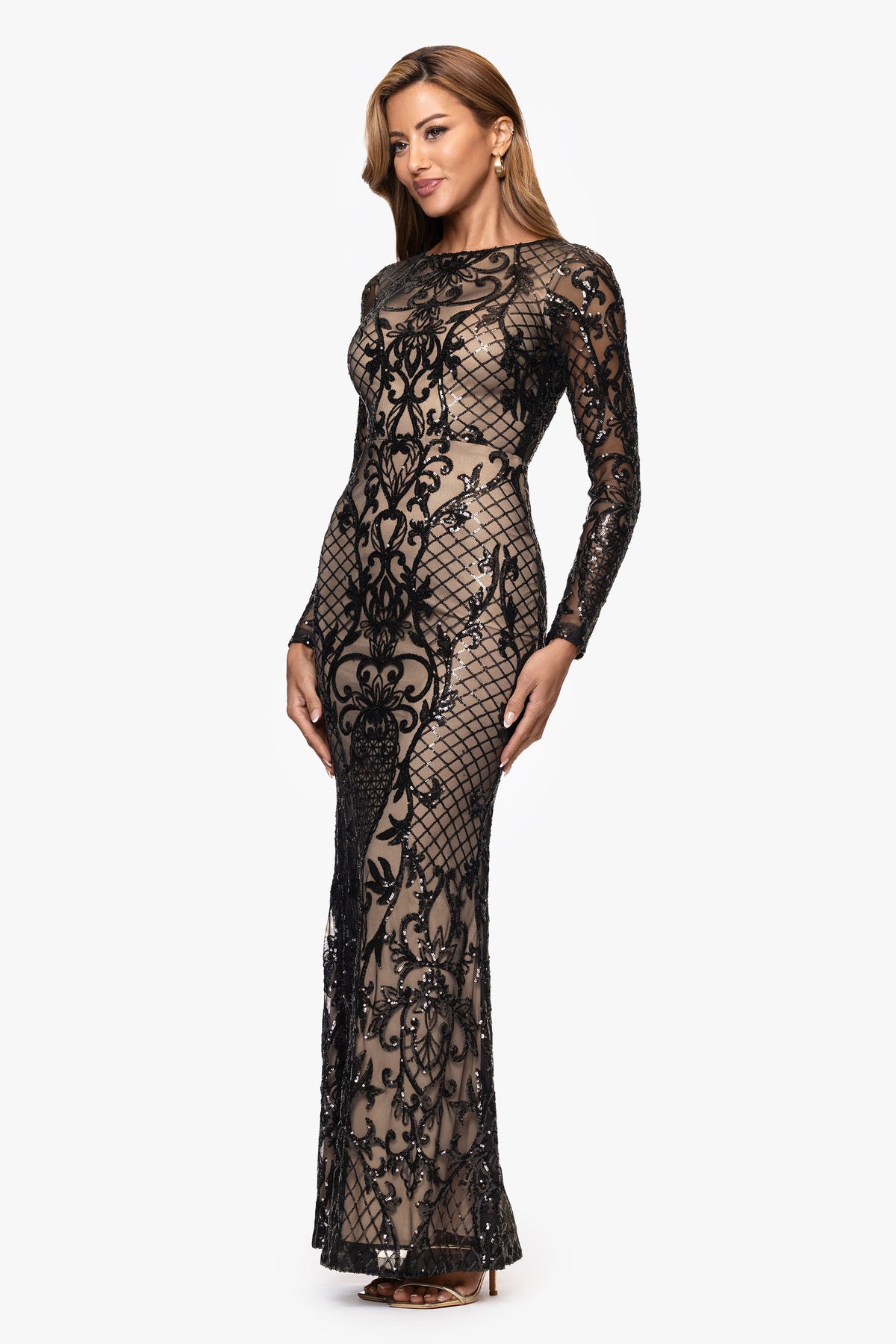 "Lorraine" Placement Sequin Long Sleeve Dress - Black/Nude | Betsy & Adam