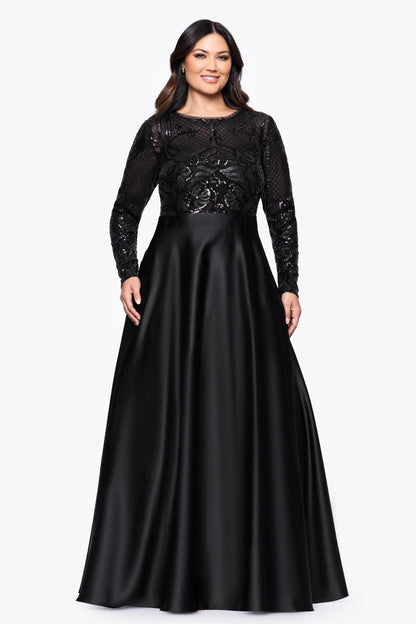 Plus "Vanessa" Sequin Long Sleeve A-Line Ballgown - Black | Betsy & Adam