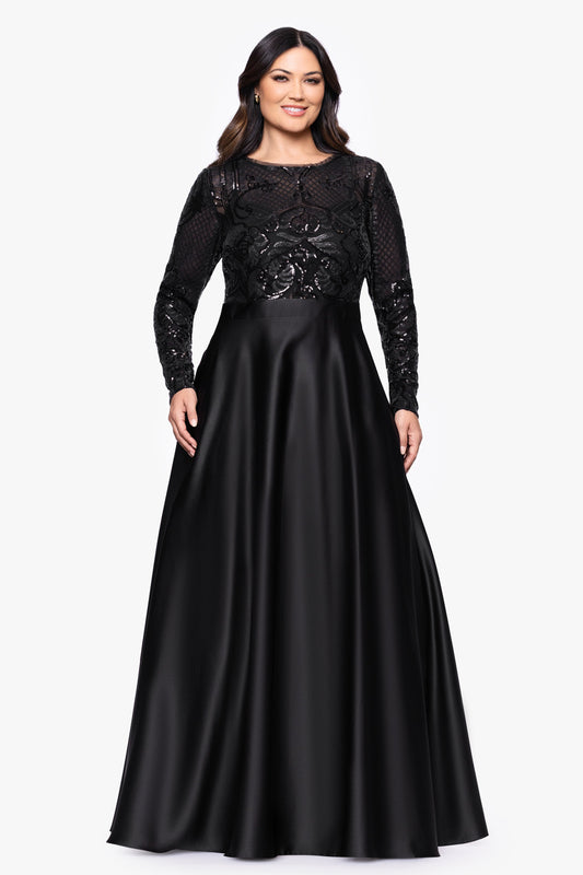 Plus "Vanessa" Sequin Long Sleeve A-Line Ballgown - Black | Betsy & Adam