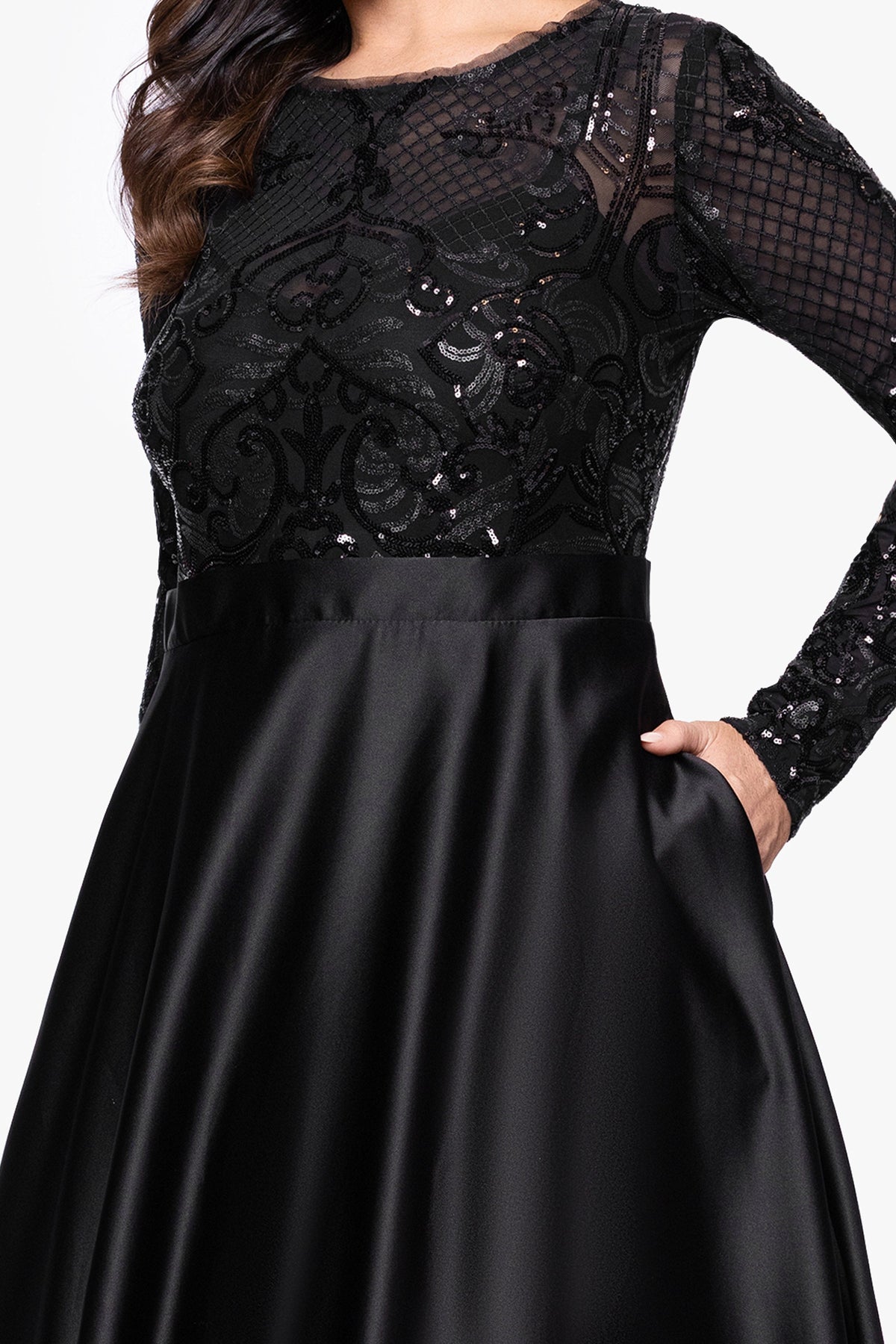 Plus "Vanessa" Sequin Long Sleeve A-Line Ballgown - Black | Betsy & Adam