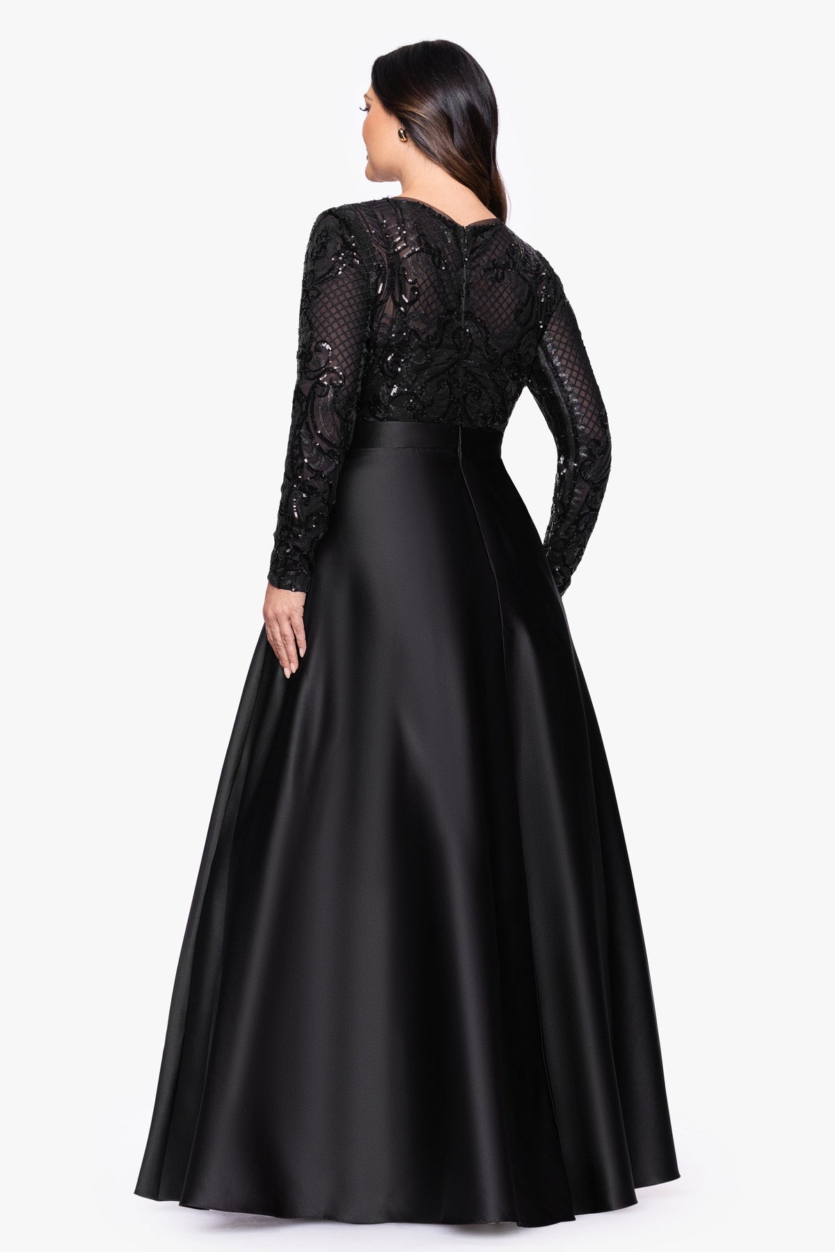 Plus "Vanessa" Sequin Long Sleeve A-Line Ballgown - Black | Betsy & Adam