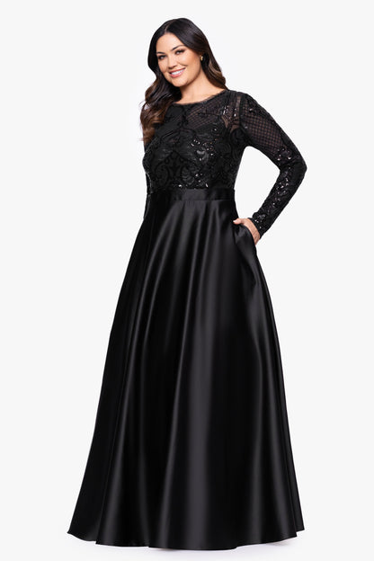 Plus "Vanessa" Sequin Long Sleeve A-Line Ballgown - Black | Betsy & Adam