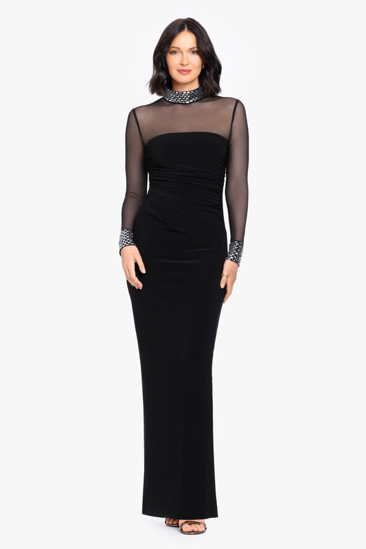 "Posie" Jersey Knit & Mesh Beaded Top Dress - Black/Silver | Betsy & Adam