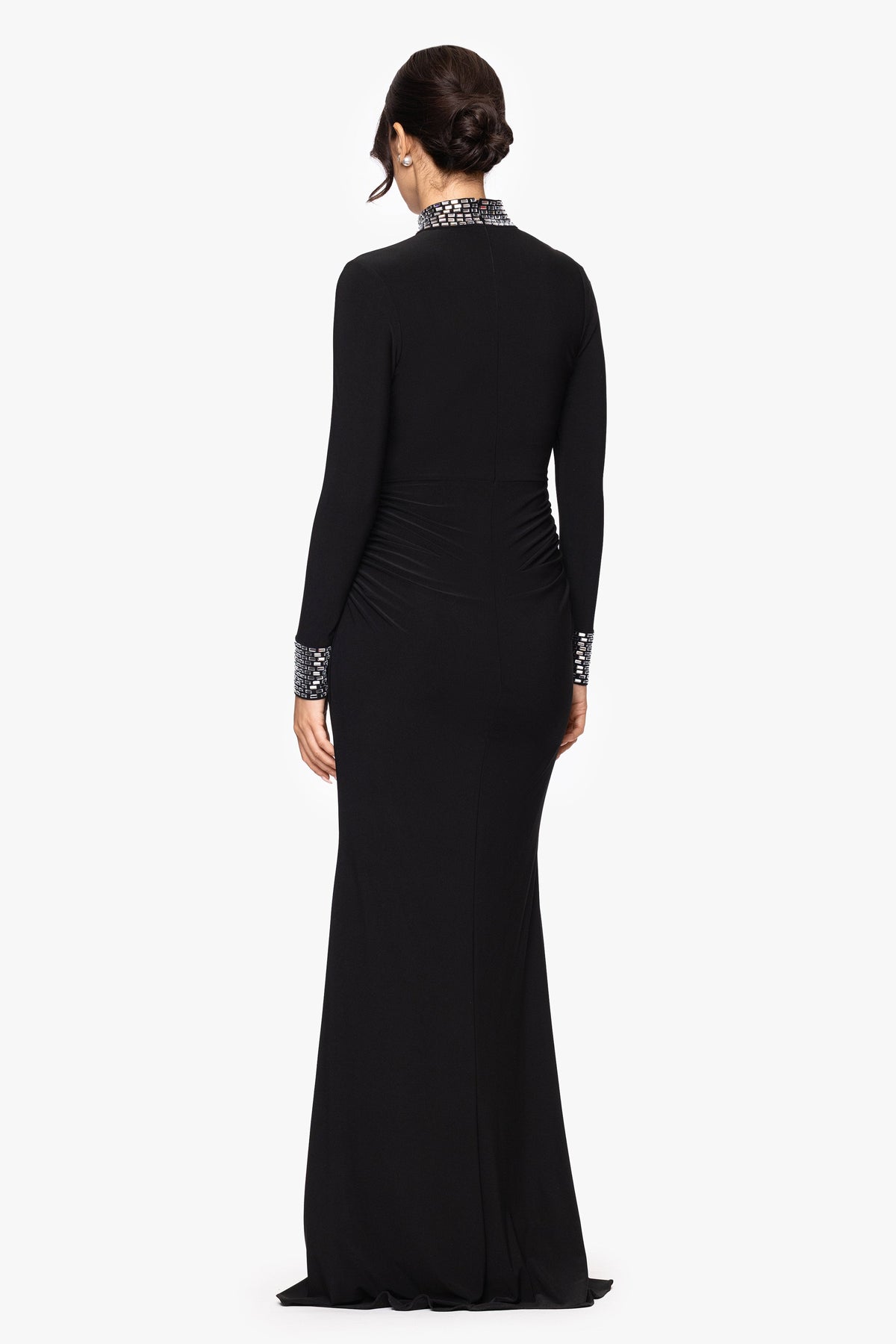 "Imani" Jersey Knit Long Sleeve Beaded Mock Neck Floor Length Dress - Black/Silver | Betsy & Adam