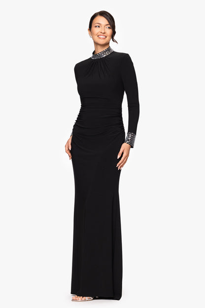 "Imani" Jersey Knit Long Sleeve Beaded Mock Neck Floor Length Dress - Black/Silver | Betsy & Adam