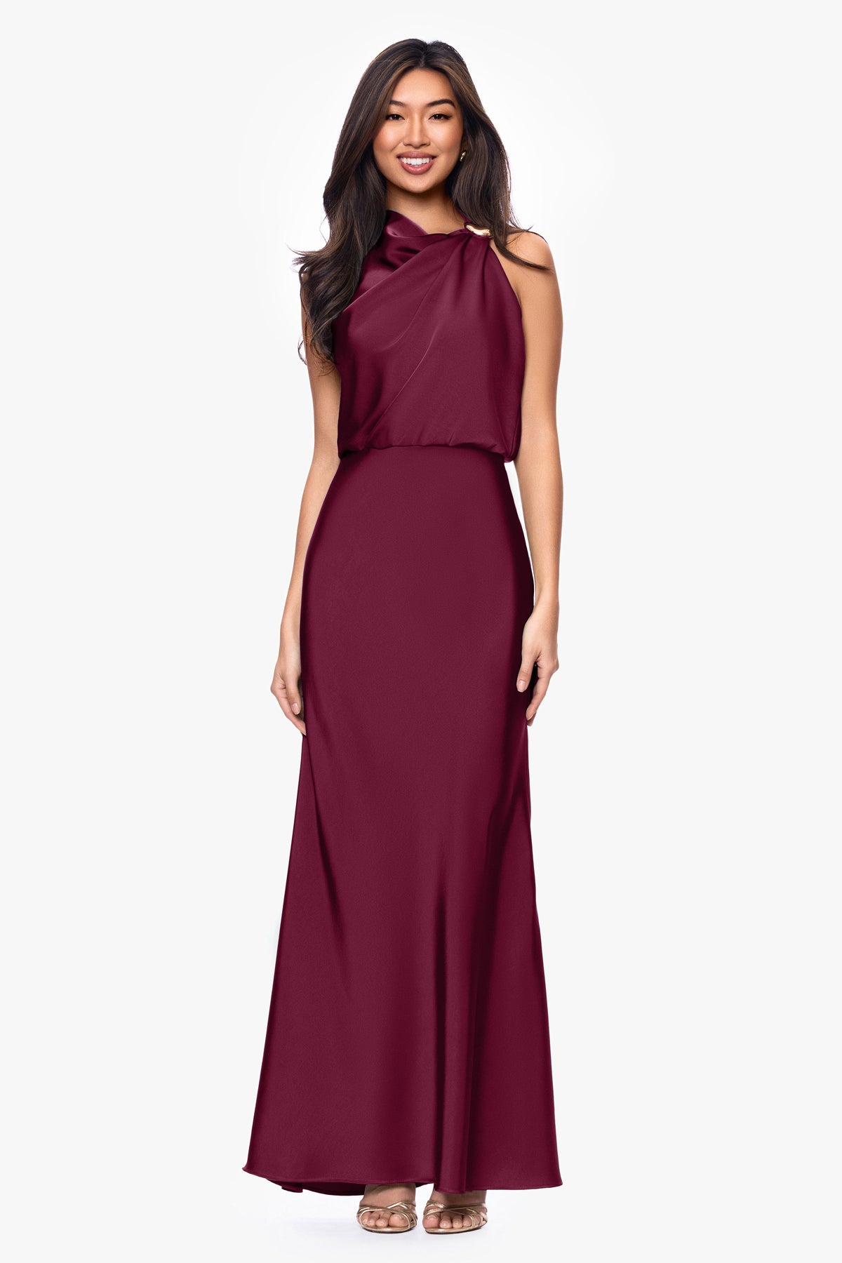 "Colette" Satin Ruched Trim Dress - Wine | Betsy & Adam