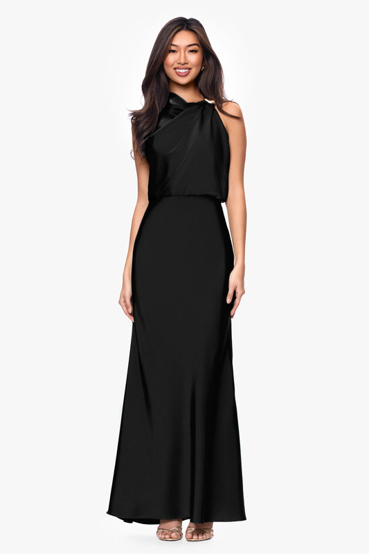 Petite "Colette" Satin Ruched Trim Dress - Black | Betsy & Adam
