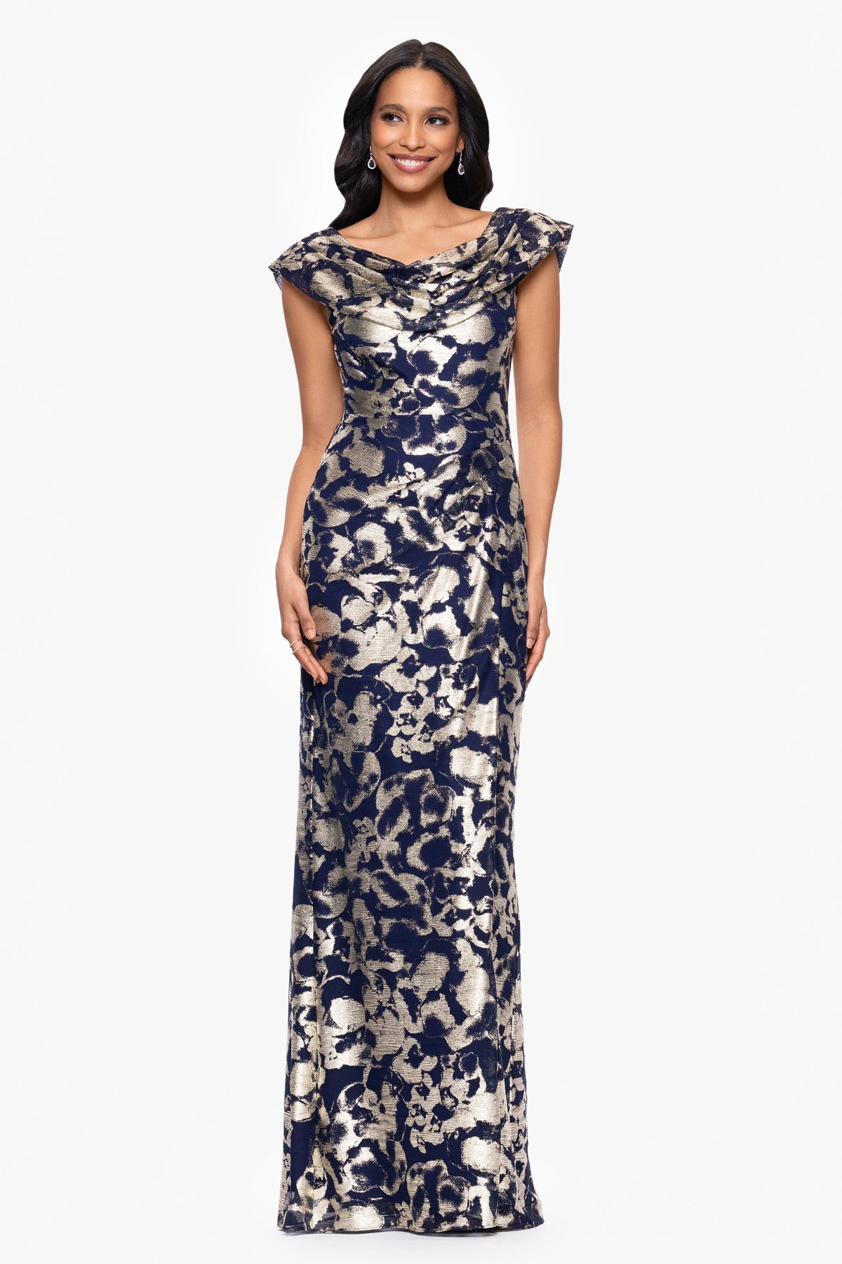 Petite "Bianca" Metallic Cowl Neck Dress - Navy/Gold | Betsy & Adam