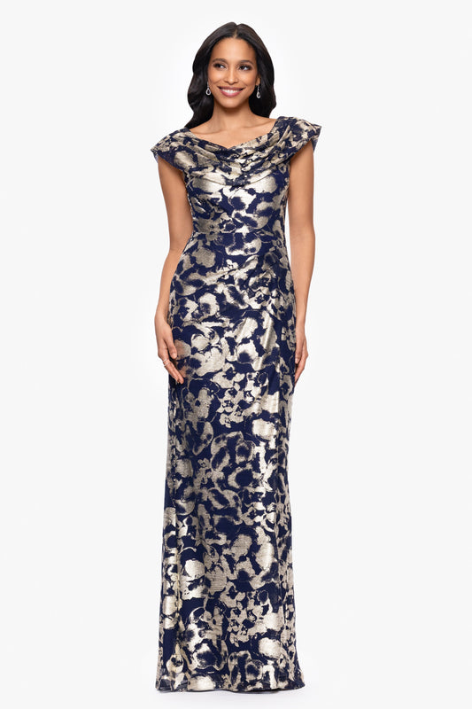 Petite "Bianca" Metallic Cowl Neck Dress - Navy/Gold | Betsy & Adam
