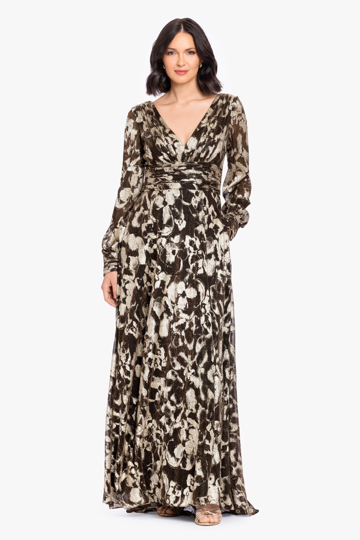 "Melanie" Metallic Knit V-Neck Long Sleeve Dress - Brown/Gold | Betsy & Adam