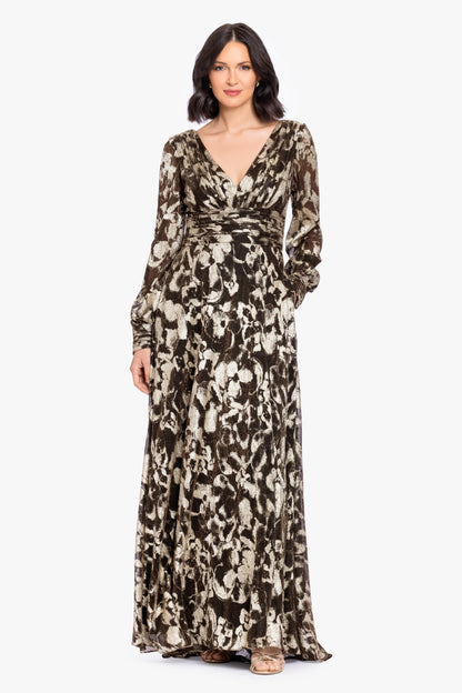 "Melanie" Metallic Knit V-Neck Long Sleeve Dress - Brown/Gold | Betsy & Adam