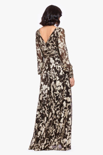"Melanie" Metallic Knit V-Neck Long Sleeve Dress - Brown/Gold | Betsy & Adam
