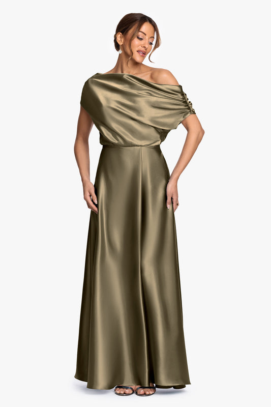 "Soley" Satin Off The Shoulder Ruched Gown - Olive | Betsy & Adam