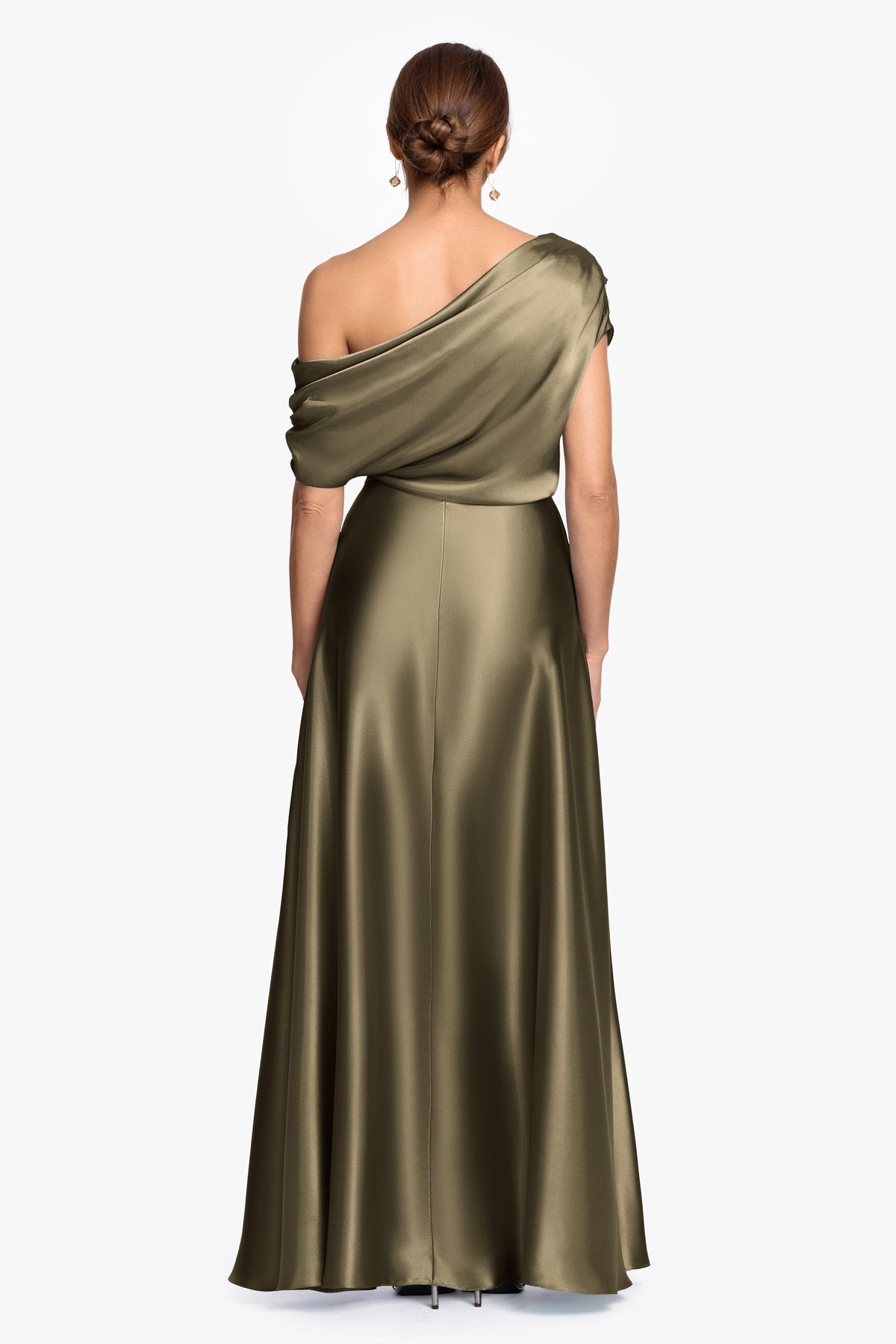 "Soley" Satin Off The Shoulder Ruched Gown - Olive | Betsy & Adam