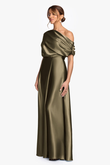 "Soley" Satin Off The Shoulder Ruched Gown - Olive | Betsy & Adam