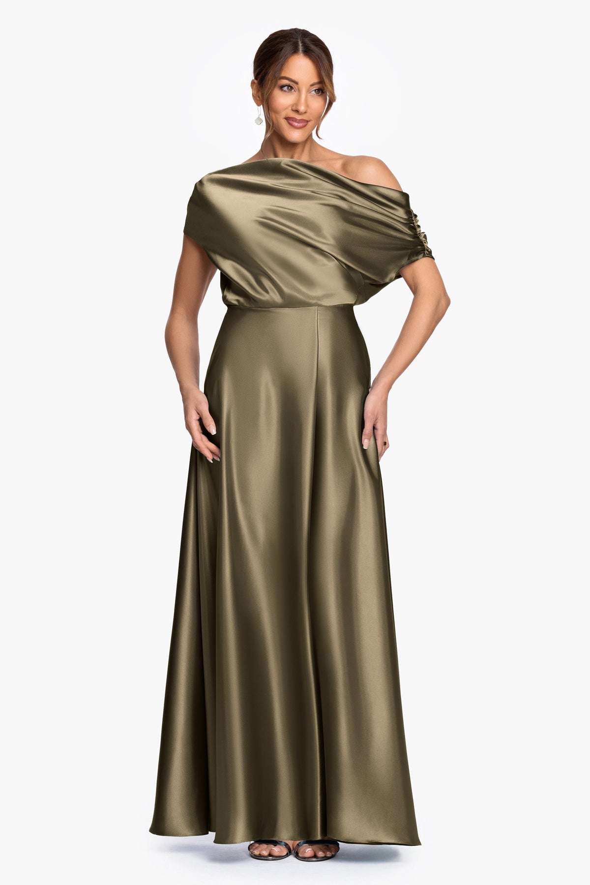 "Soley" Satin Off The Shoulder Ruched Gown - Olive | Betsy & Adam