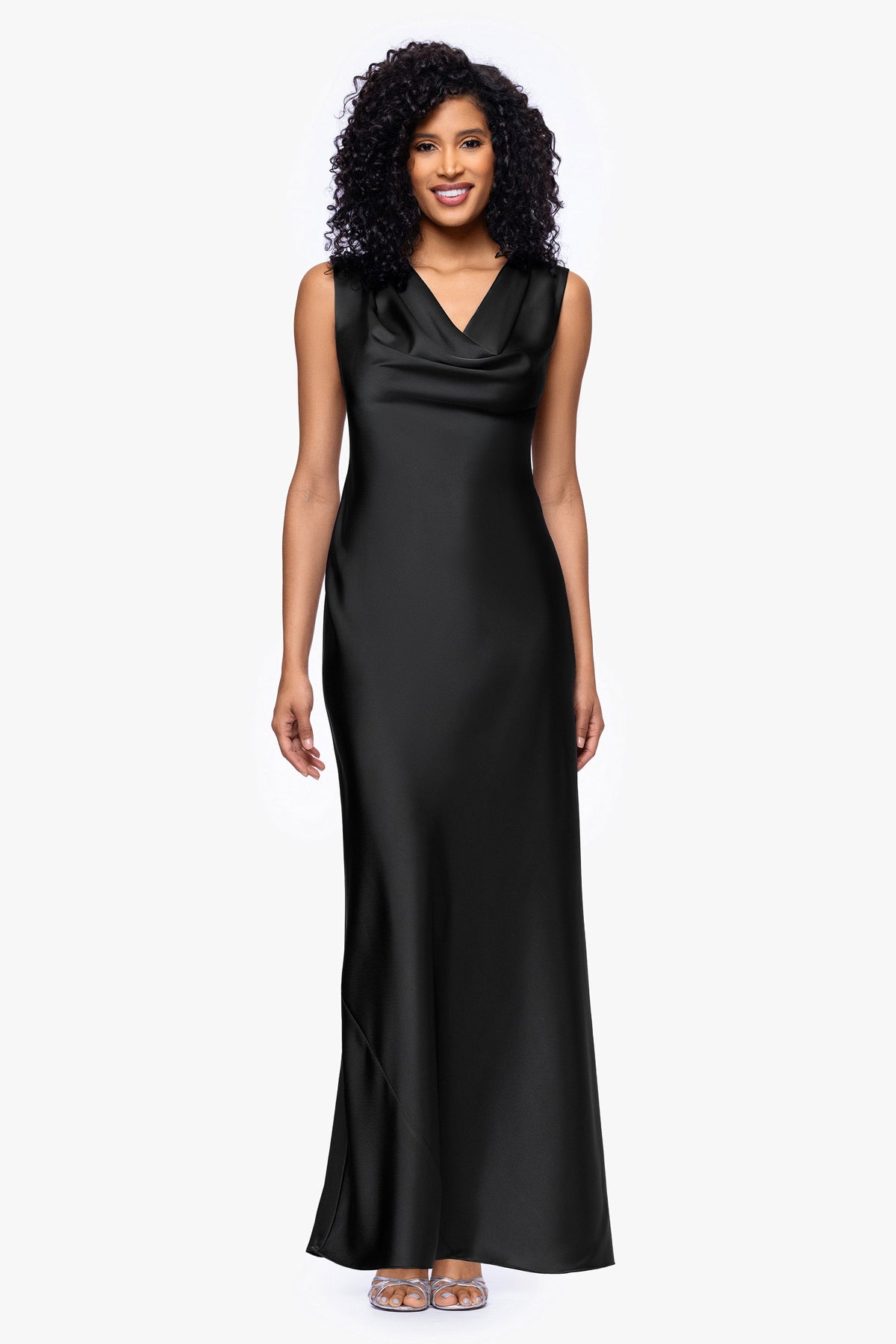 Petite "Amberly" Satin Drape Neck Dress - Black | Betsy & Adam