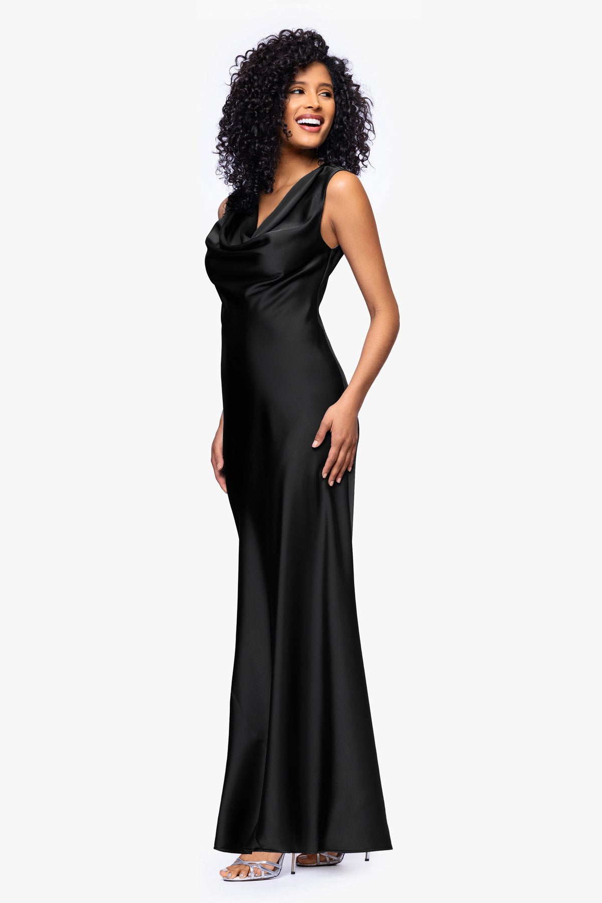 Petite "Amberly" Satin Drape Neck Dress - Black | Betsy & Adam