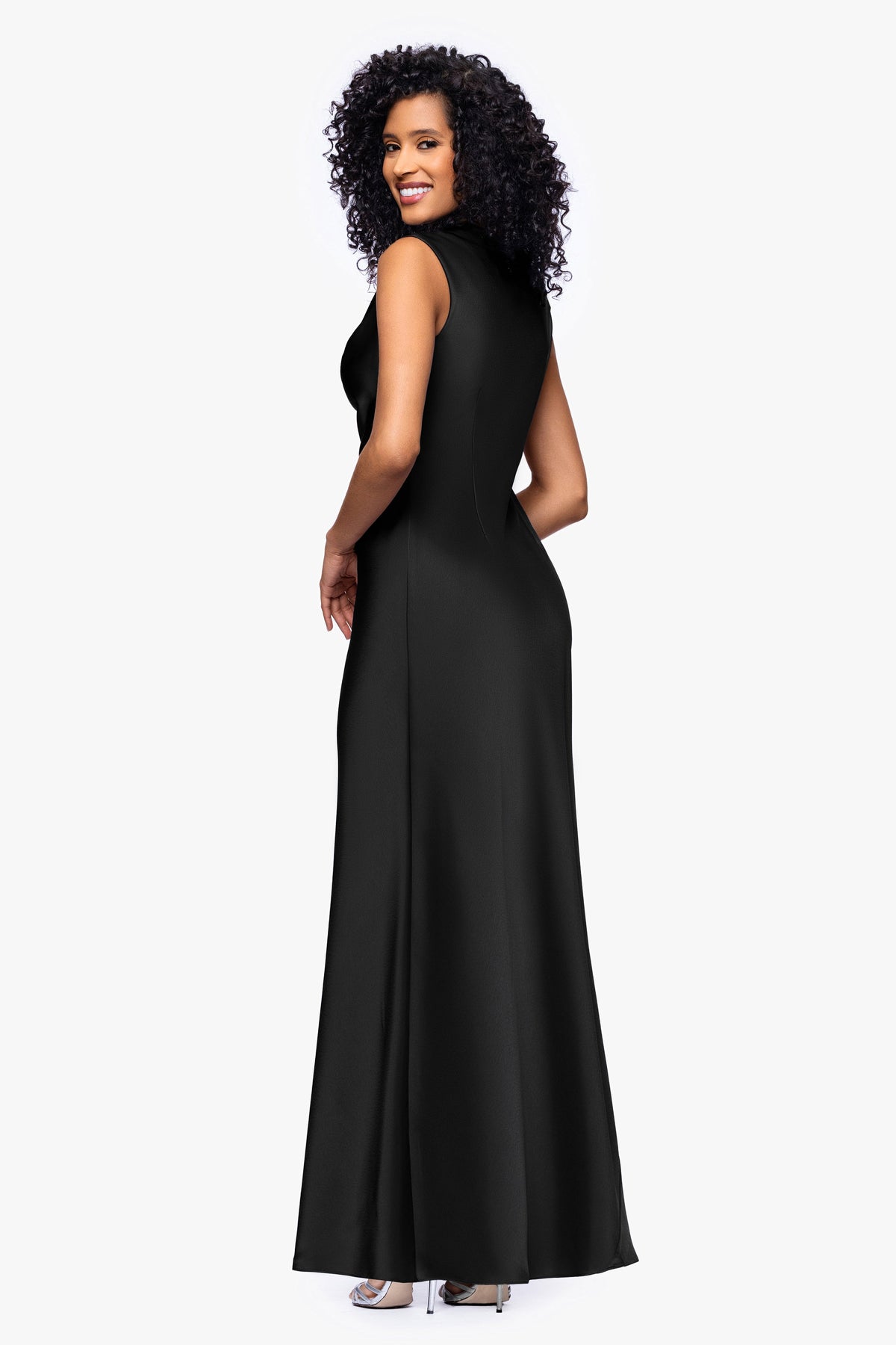 Petite "Amberly" Satin Drape Neck Dress - Black | Betsy & Adam