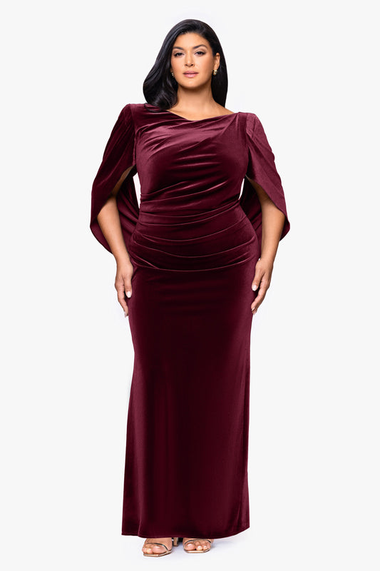 Plus "Audrey" Velvet Draped Back Dress - Burgundy | Betsy & Adam