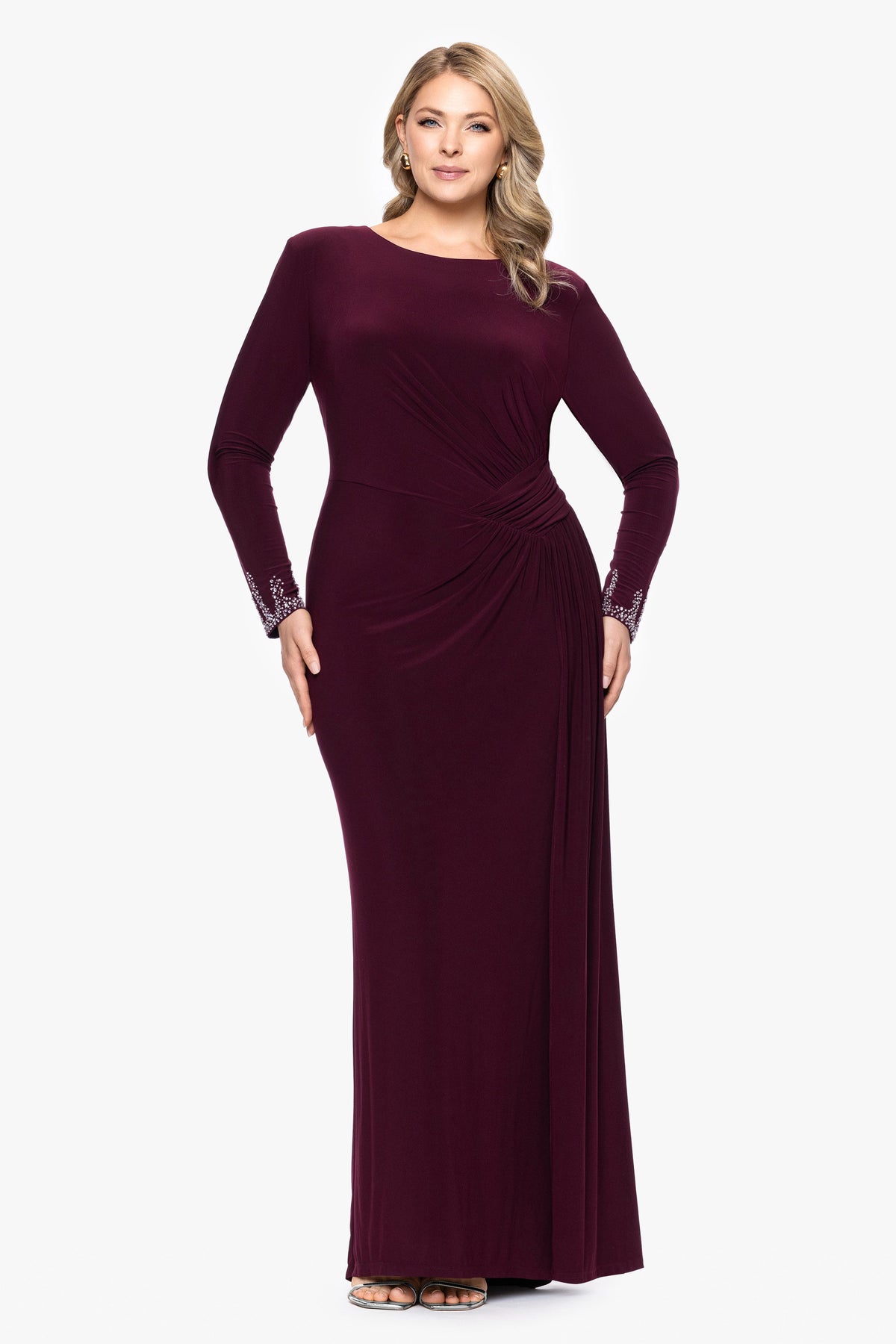 Plus "Kenley" Jersey Knit Long Sleeve Beaded Cuff Dress - Wine | Betsy & Adam