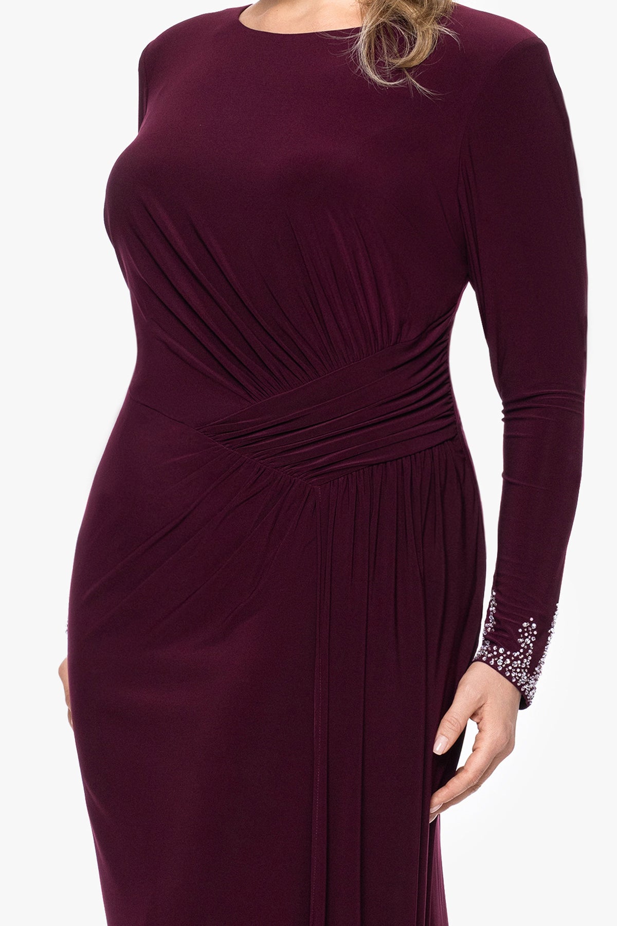 Plus "Kenley" Jersey Knit Long Sleeve Beaded Cuff Dress - Wine | Betsy & Adam