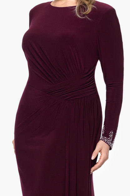 Plus "Kenley" Jersey Knit Long Sleeve Beaded Cuff Dress - Wine | Betsy & Adam