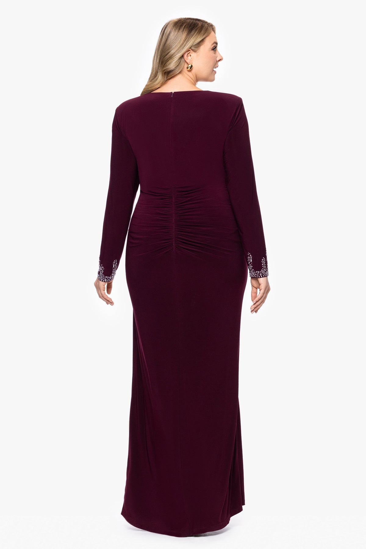Plus "Kenley" Jersey Knit Long Sleeve Beaded Cuff Dress - Wine | Betsy & Adam