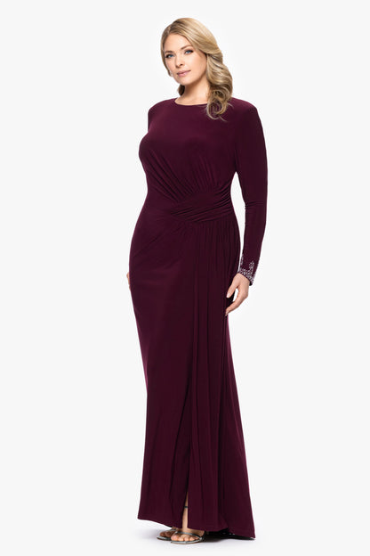 Plus "Kenley" Jersey Knit Long Sleeve Beaded Cuff Dress - Wine | Betsy & Adam