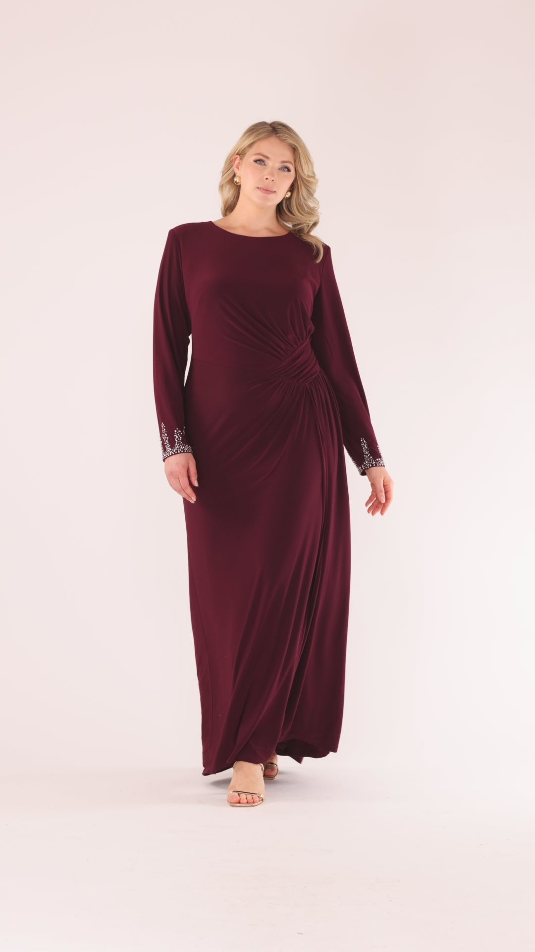 Plus "Kenley" Jersey Knit Long Sleeve Beaded Cuff Dress - Wine | Betsy & Adam