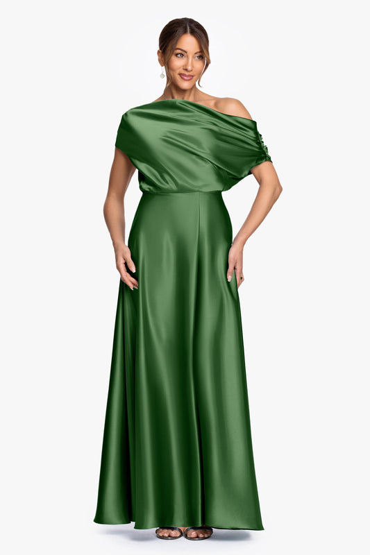 "Soley" Satin Off The Shoulder Ruched Gown - Moss | Betsy & Adam