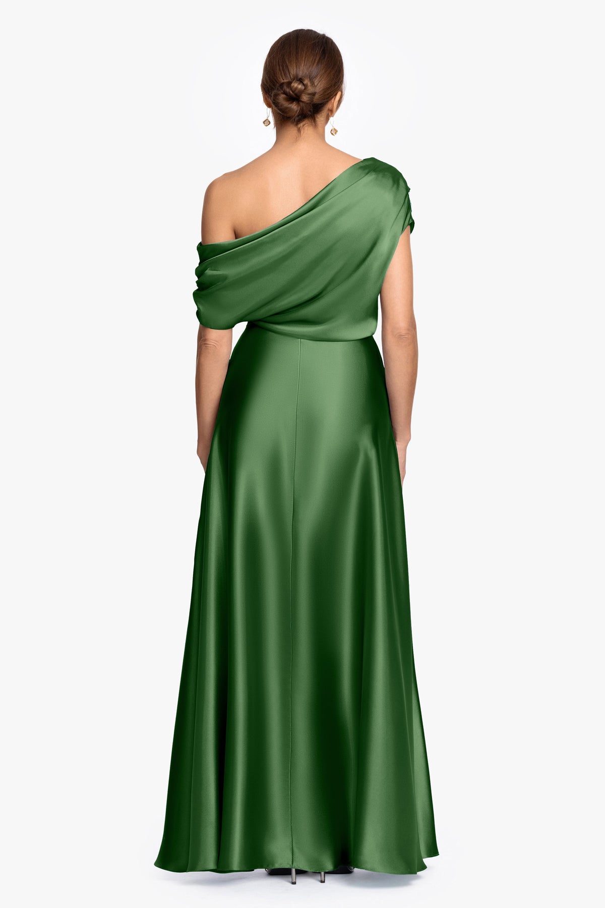 "Soley" Satin Off The Shoulder Ruched Gown - Moss | Betsy & Adam