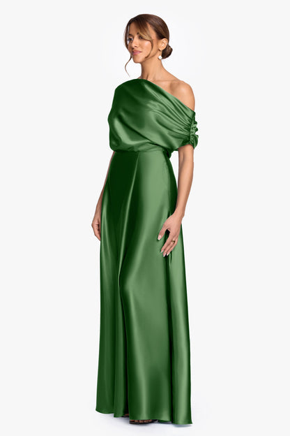 "Soley" Satin Off The Shoulder Ruched Gown - Moss | Betsy & Adam