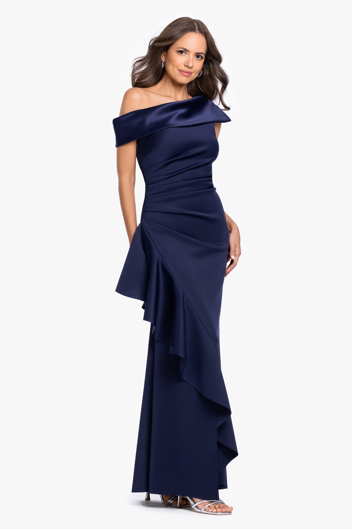 Petite "Mariah" Techno Scuba Off The Shoulder Dress - Midnight | Betsy & Adam
