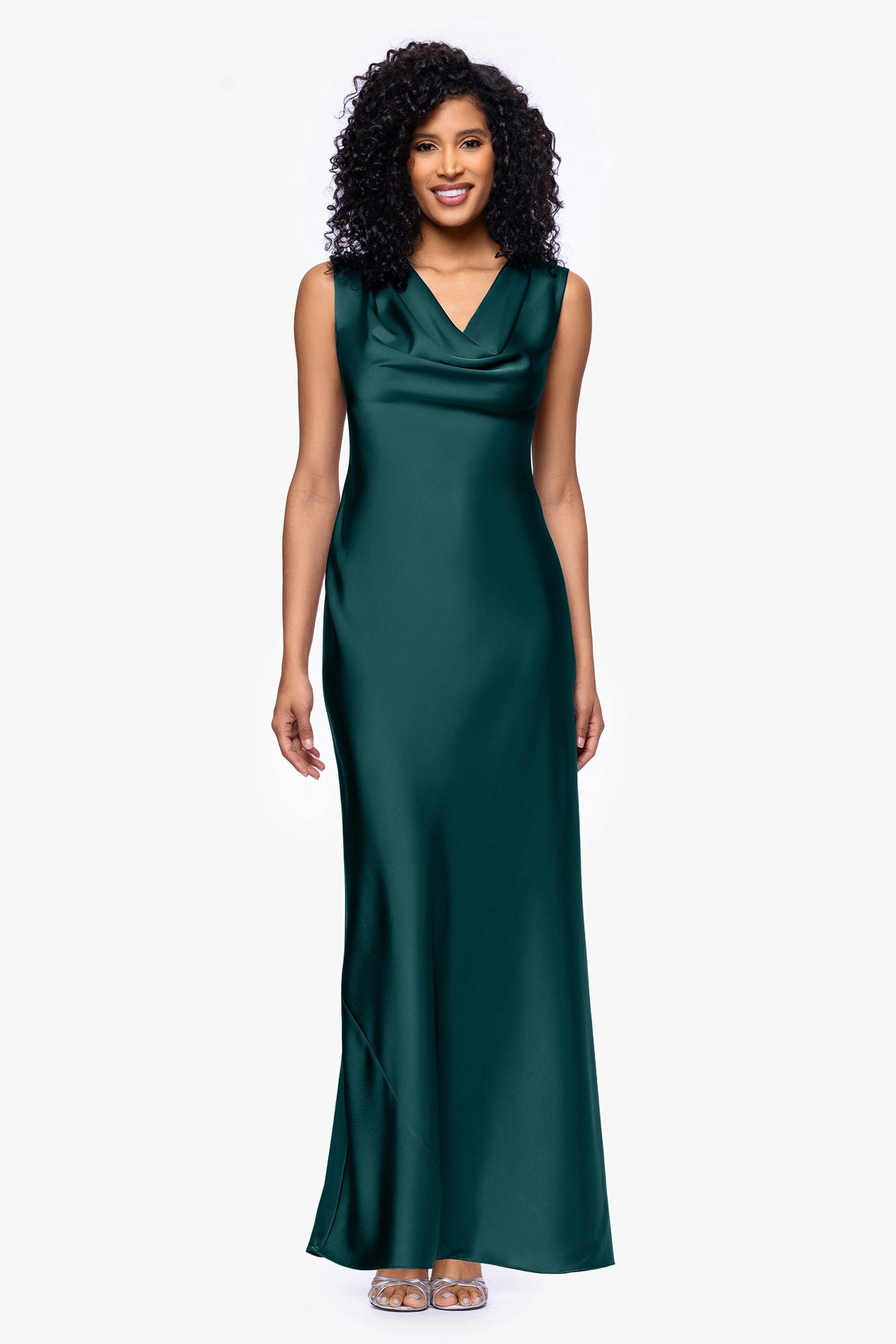 Petite "Amberly" Satin Drape Neck Dress - Pine | Betsy & Adam
