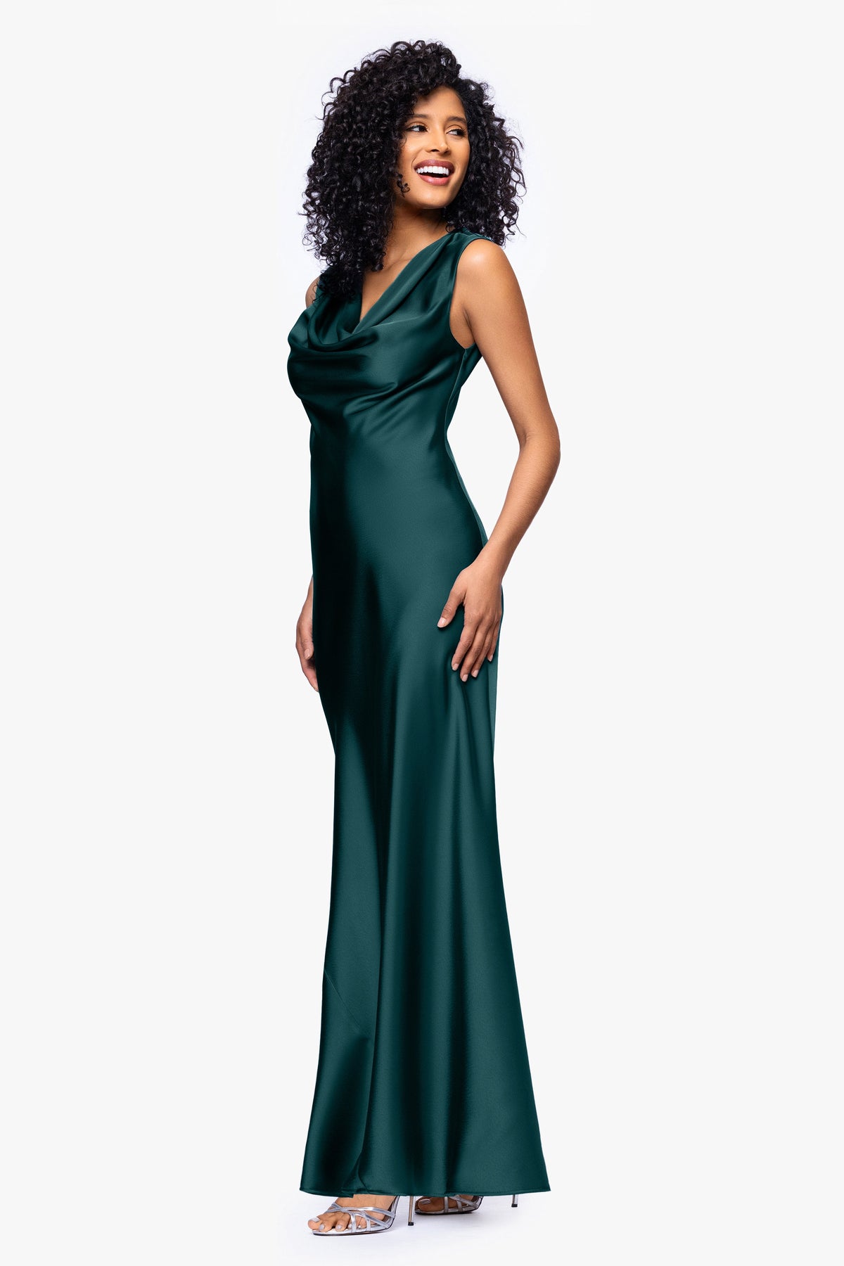 Petite "Amberly" Satin Drape Neck Dress - Pine | Betsy & Adam