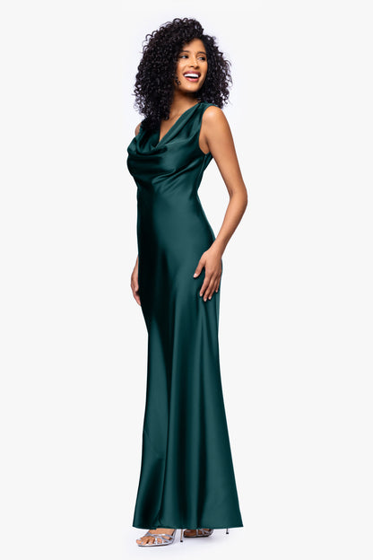 Petite "Amberly" Satin Drape Neck Dress - Pine | Betsy & Adam