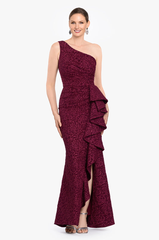 "Rosalia" Brocade One Shoulder Side Ruffle Dress - Bordeaux | Betsy & Adam
