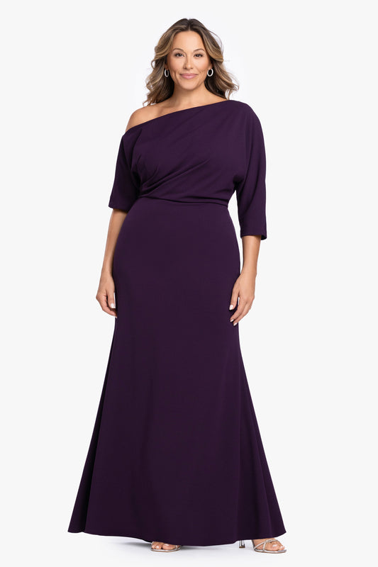 Plus “Madeline” Scuba Crepe Off The Shoulder Dress - Mulberry | Betsy & Adam