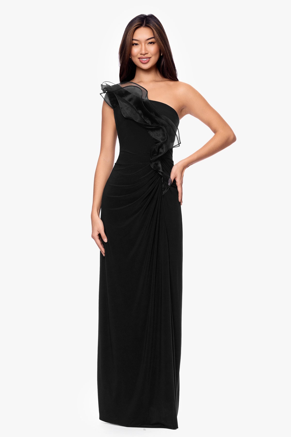 "Jade" Jersey Knit One Shoulder Organza Ruffle Dress - Black | Betsy & Adam