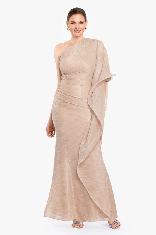 “Graclyn” Metallic One Shoulder Side Ruffle Dress - Gold/Silver | Betsy & Adam